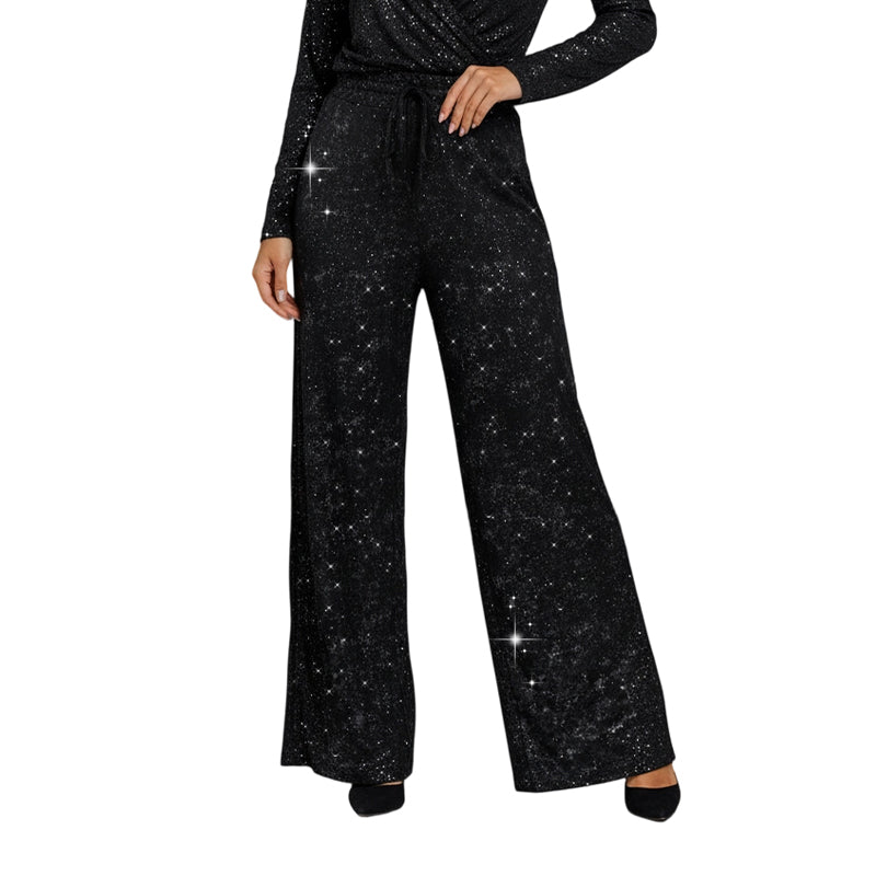 Pantaloni Donna a Gamba Larga con Paillettes, Vita Elastico, Eleganti e Comodi