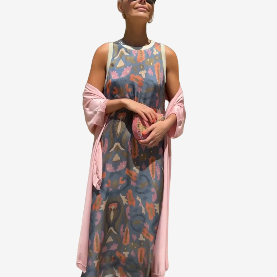 Abito Lungo Donna Artistico con Scialle Drappeggiato Elegante