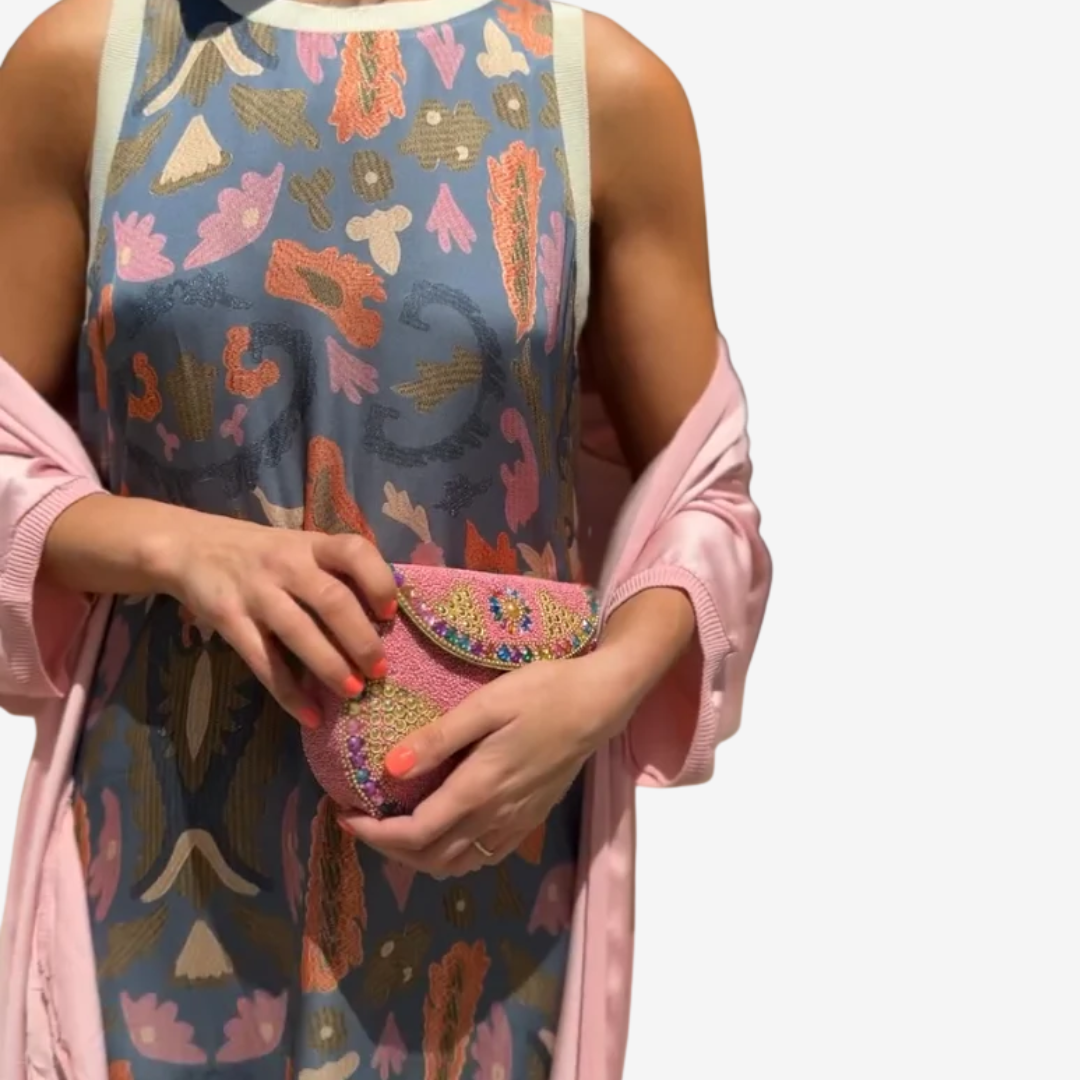 Abito Lungo Donna Artistico con Scialle Drappeggiato Elegante