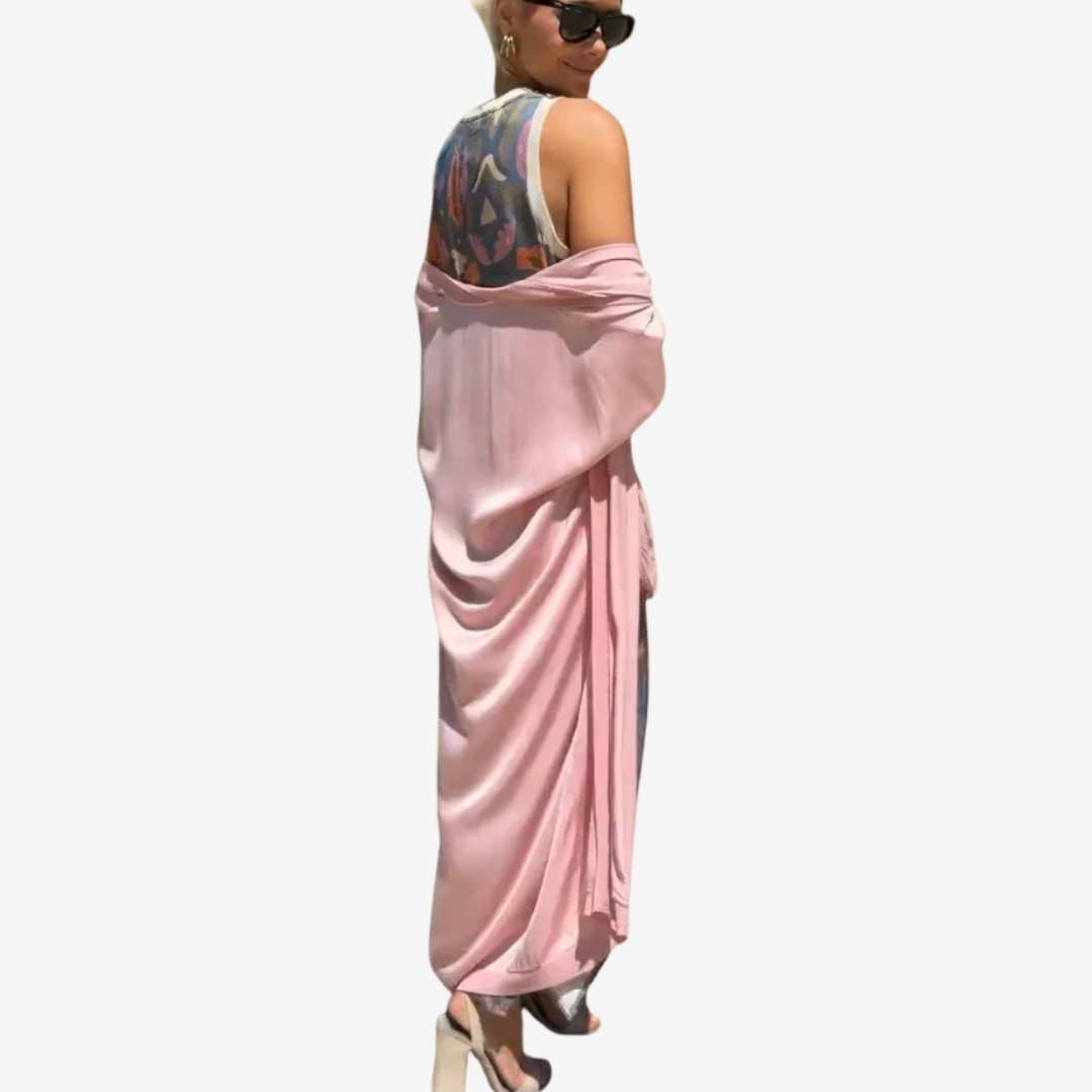 Abito Lungo Donna Artistico con Scialle Drappeggiato Elegante