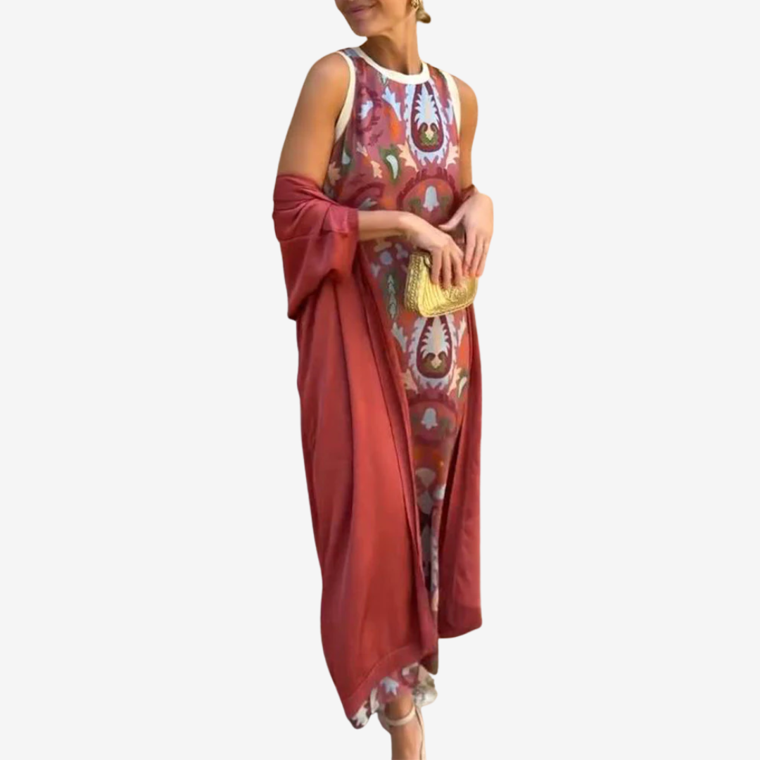 Abito Lungo Donna Artistico con Scialle Drappeggiato Elegante