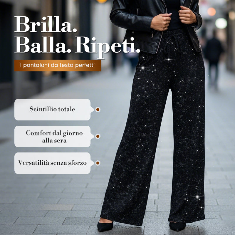 Pantaloni Donna a Gamba Larga con Paillettes, Vita Elastico, Eleganti e Comodi