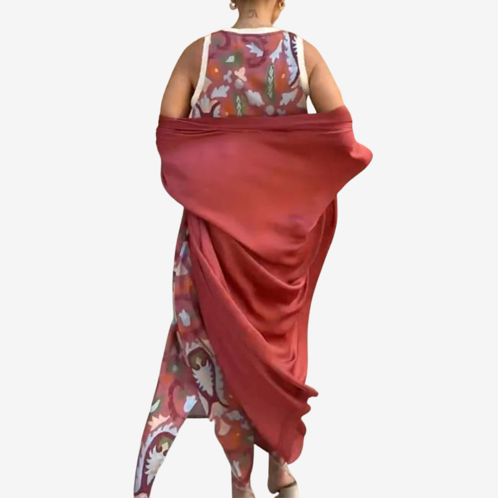 Abito Lungo Donna Artistico con Scialle Drappeggiato Elegante