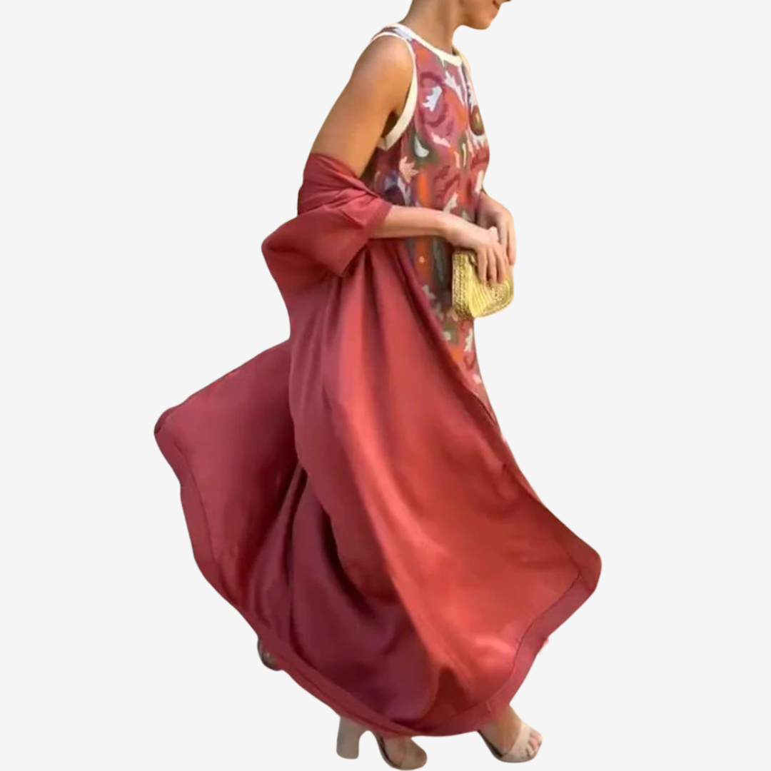 Abito Lungo Donna Artistico con Scialle Drappeggiato Elegante