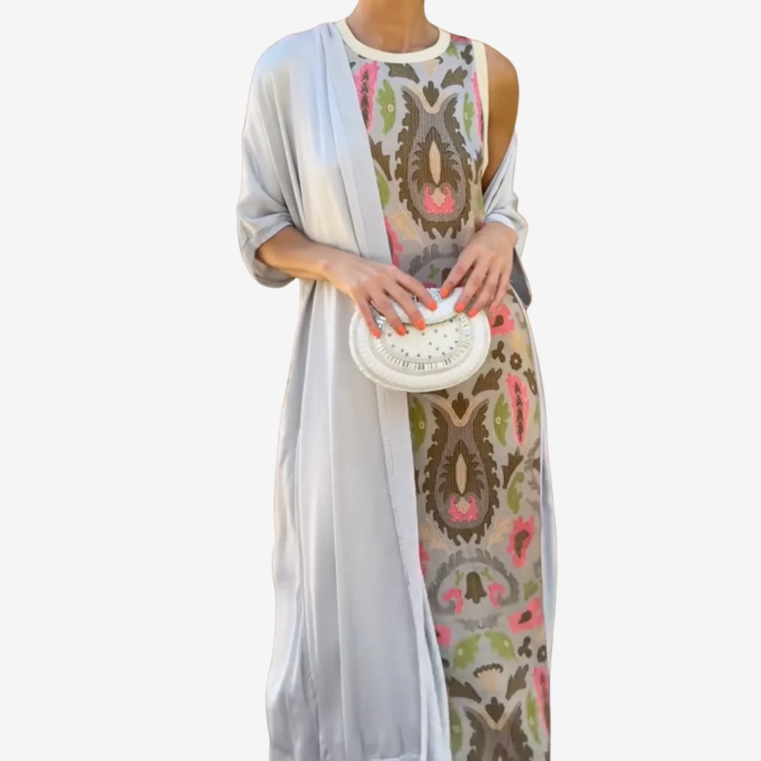 Abito Lungo Donna Artistico con Scialle Drappeggiato Elegante