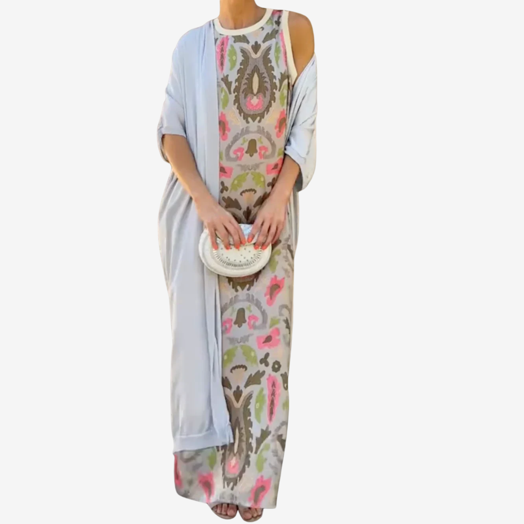 Abito Lungo Donna Artistico con Scialle Drappeggiato Elegante