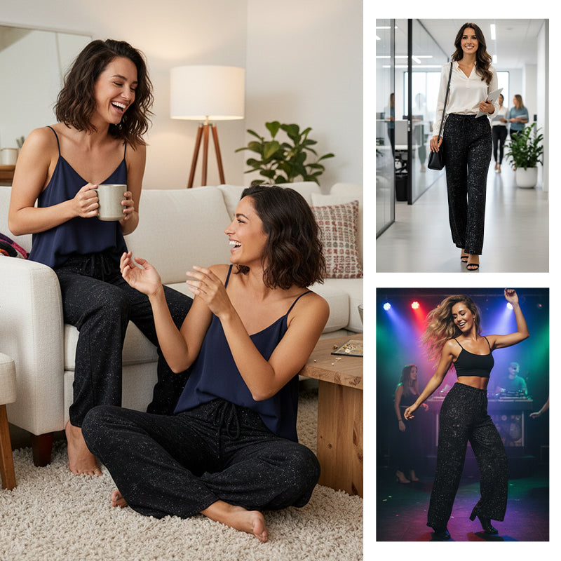 Pantaloni Donna a Gamba Larga con Paillettes, Vita Elastico, Eleganti e Comodi