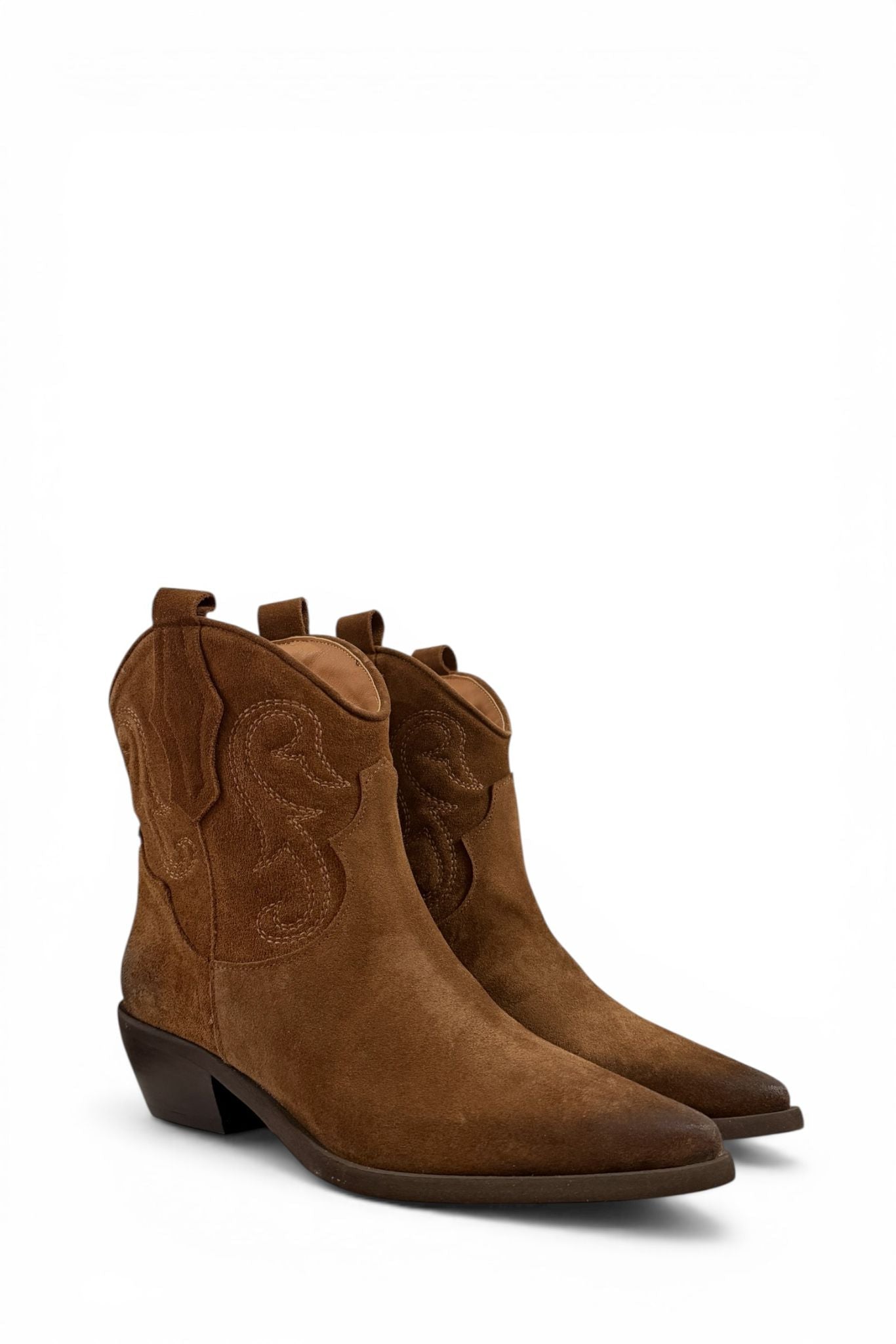 Stivaletti Cowboy Donna in Camoscio Marrone con Tacco Basso Eleganti
